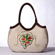 Linen leather shoulder bag. Hand embroidery quilted purse.