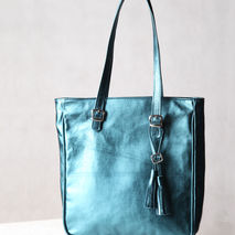 Teal leather tote. Shiny blue leather bag.