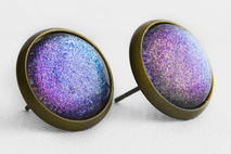 Blue Purple Galaxy Post Earrings in Antique Bronze