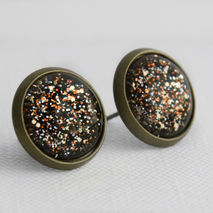 Tiger Gold Orange Glitter Post Earrings in Antique Bronze