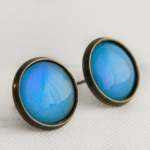 Neon Blue Raspberry Post Earrings in Antique Bronze