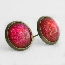 Berry Pink Red Glitter Post Earrings in Antique Bronze