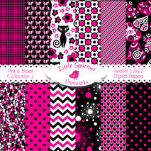 Hot Pink and Black Collection #1 Set of 12 Digital Papers