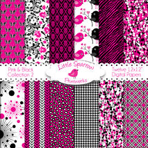 Hot Pink and Black Collection #2 Set of 12 Digital Papers