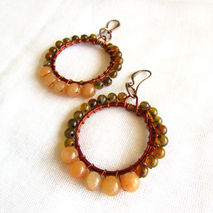 Red Aventurine And Green Yellow Agate Round Earrings, Gemstone D