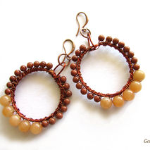 Red Aventurine And Brown Sunstone Hoop Earrings, Gemstone Earrin