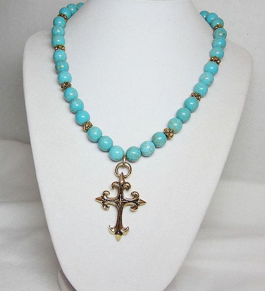 Gold Cross & Turquoise Necklace - Luvabead - PinkLion