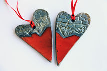 heart love decoration, raku pottery tree ornament, red gold