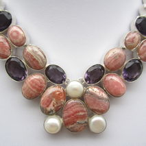 Rhodochrosite and Amethyst Quartz Silver Necklace