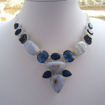 Natural Blue Lace Agate and Blue Quartz Silver Necklace