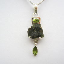 Moldavite and Peridot Silver Pendant