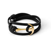 Gold-Plated Anchor Bracelet on Black Leather