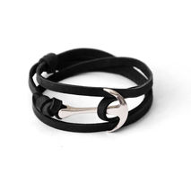 Silver-Plated Anchor Bracelet on Black Leather