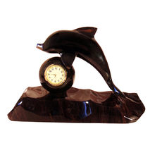 Table quartz clock with dolphins made from natural obsidian