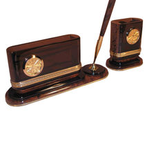 Small office desk organizer made from obsidian and brass, clock