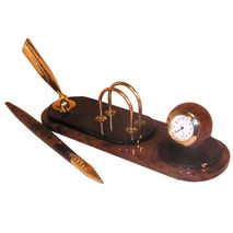 Compact desk business card holder with clock and pen holder