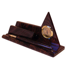 Writing desk organizer with business card holder, clock and pen,