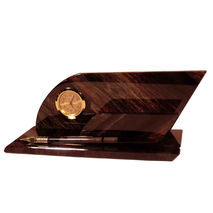 Small office desk business card holder with pen and clock