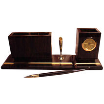 Small office desk organizer with paper tray, clock, pen holder