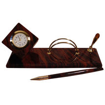 Stone Mini office desk paper holder with pen holder and clock