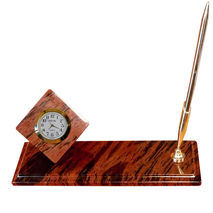 Office desk clock with pen holder made from obsidian,