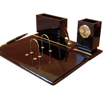 Classic office desk organizer made of natural obsidian, clock