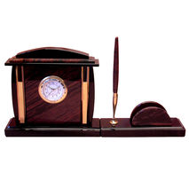 Office desk clock made from obsidian with pen and card holder