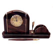 Nice desk decor with clock, pen, business card and paper holder