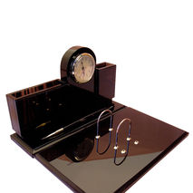 Simple office desk organizer made from obsidian with clock, desk