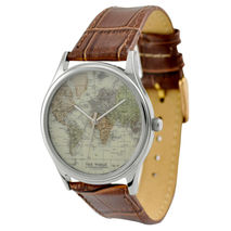 Map Watch (World 2) in Silver Case with Brown Strap - Free shipp