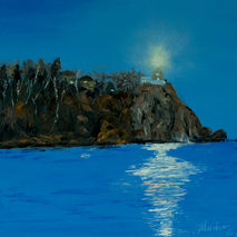 Painting of night lake and lighthouse under the moon, moonlight