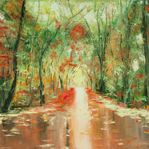 rainy alley original oil painting fall forest water reflection g
