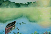 Giclee print of canoe on a foggy lake, water reflections of tree
