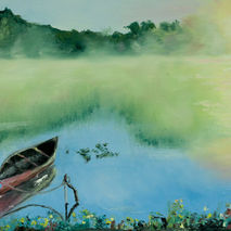 Giclee print of canoe on a foggy lake, water reflections of tree