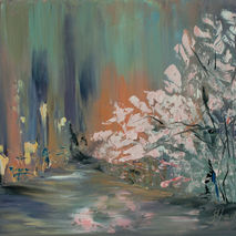 abstract original oil painting pink flowering tree flowers  flor