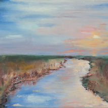 Abstract oil painting of river in the field , original art of la