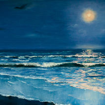 Seascape oil painting of night sea under the moonlight, original