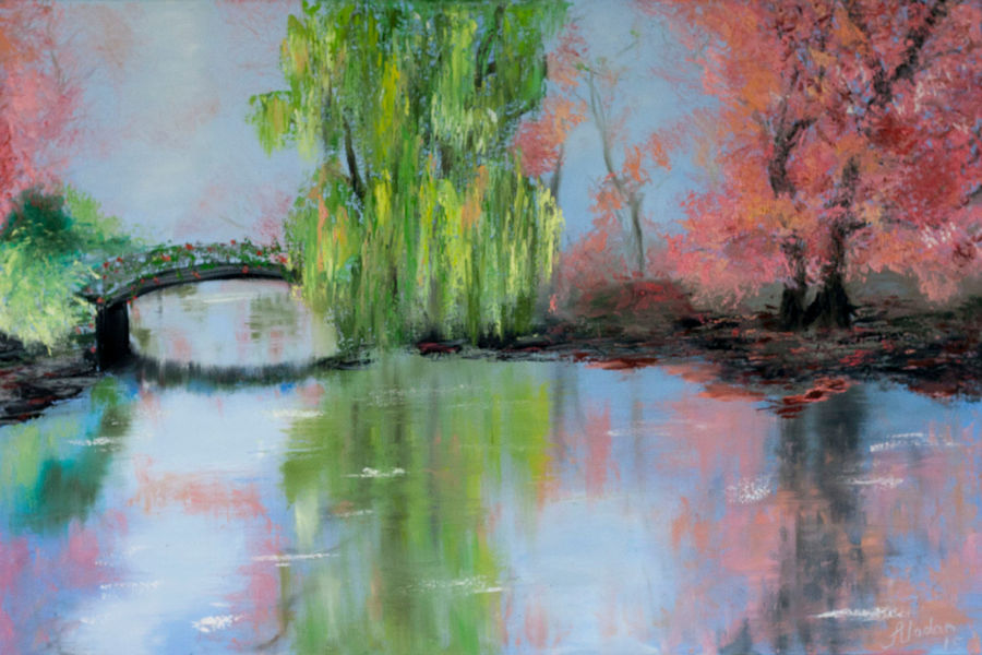 canvas oil painting of willow and bridge reflecting in lake,larg