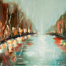 Rain street city, abstract citysape oil painting, night water re