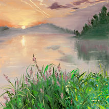 original oil painting signed lake sunset water reflection flower