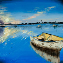 Artistic small oil painting of boat reflection on lake, blue sky