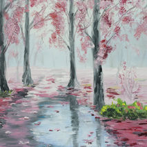 Original oil painting of pink fall forest on a rainy day, water